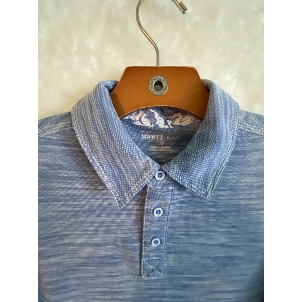 Marti Kat Golf Polo Mens Large Blue and White knit Sustainably Made Breathable